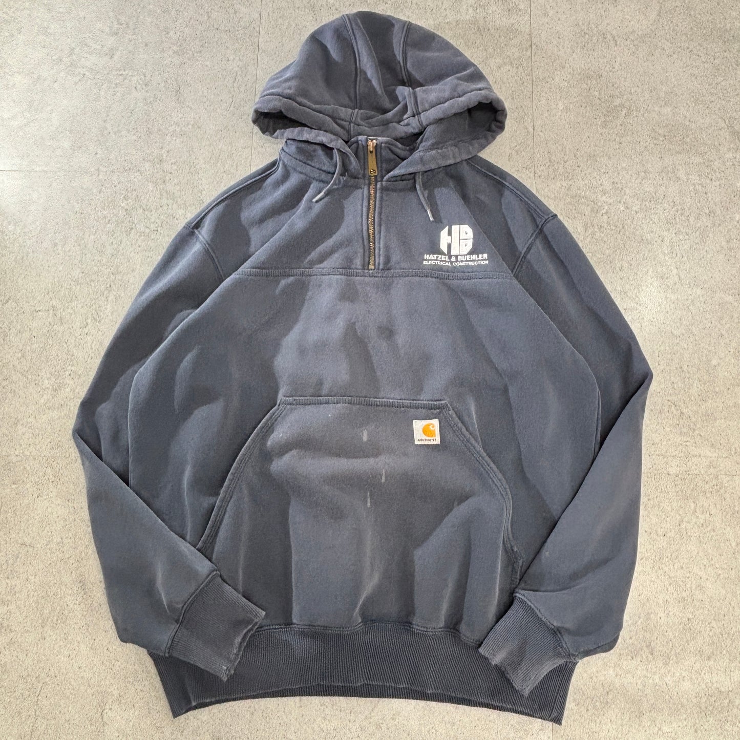Carhartt カーハート 裏起毛 ハーフジップ パーカー グレー系 Lサイズ 企業刺繍入り 古着 スウェットフーディ