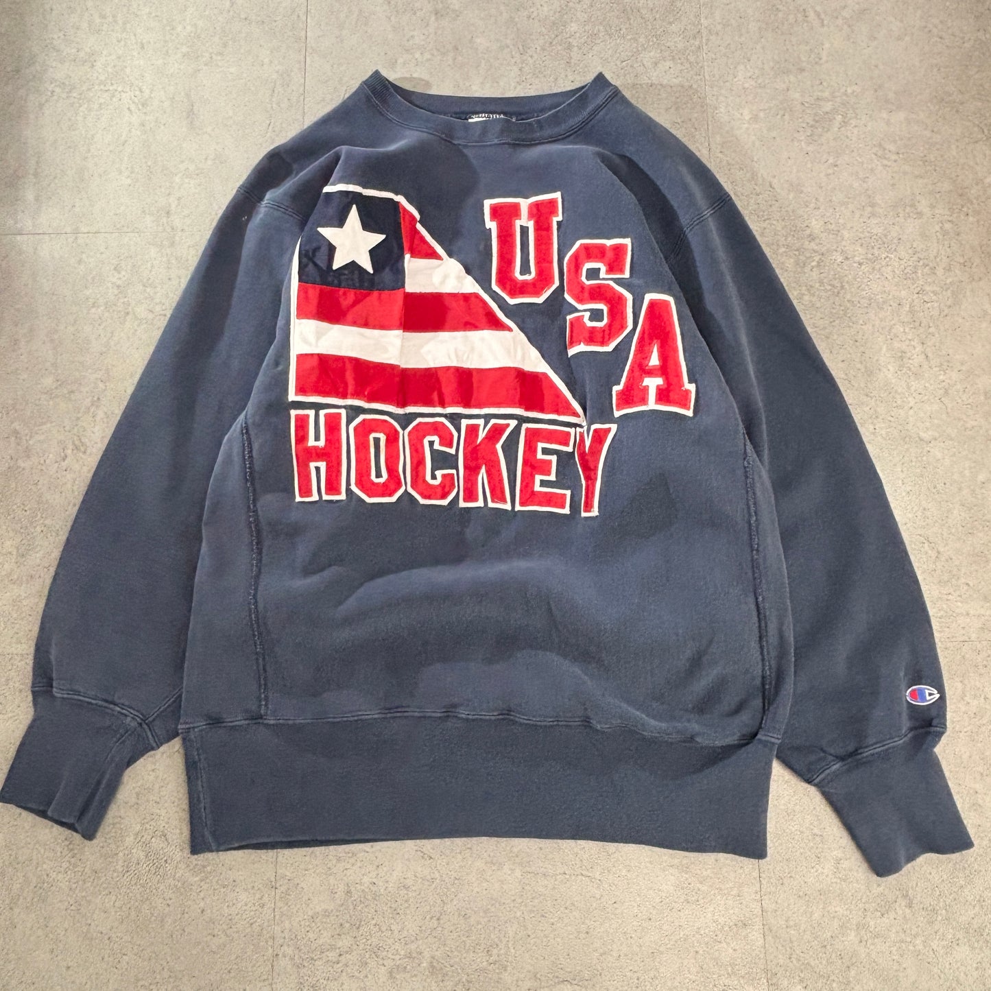 【USA製 80s~90s Champion】リバースウィーブスウェット “USA HOCKEY” 刺繍ロゴ ネイビー XL