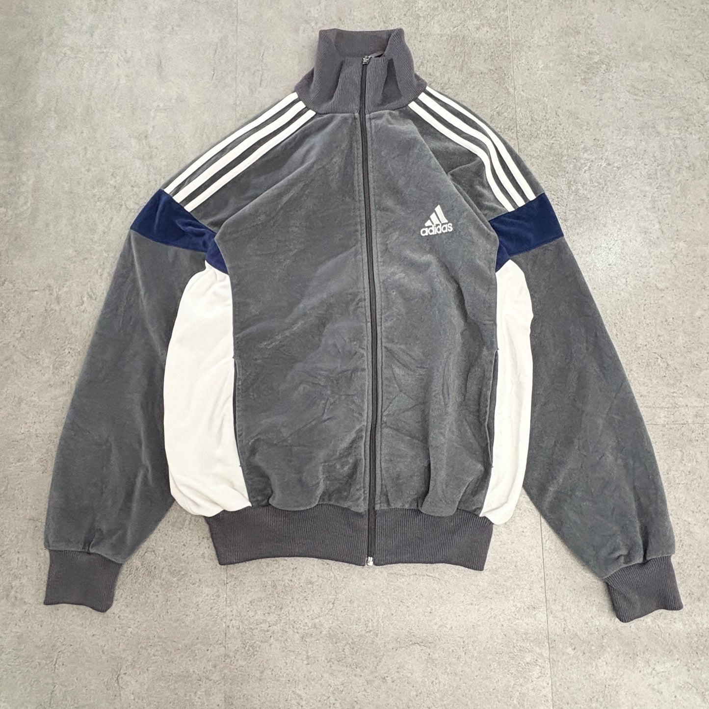 【90s〜2000s】adidas アディダス トラックジャケット ベロア切替 グレー×ネイビー×ホワイト Mサイズ