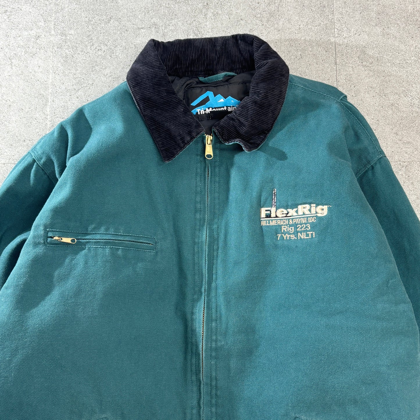 Tri-Mountain ワークジャケット L 緑系 コーデュロイ襟 キルティング中綿 Zipアップ “FlexRig”刺繍 90s〜2000s
