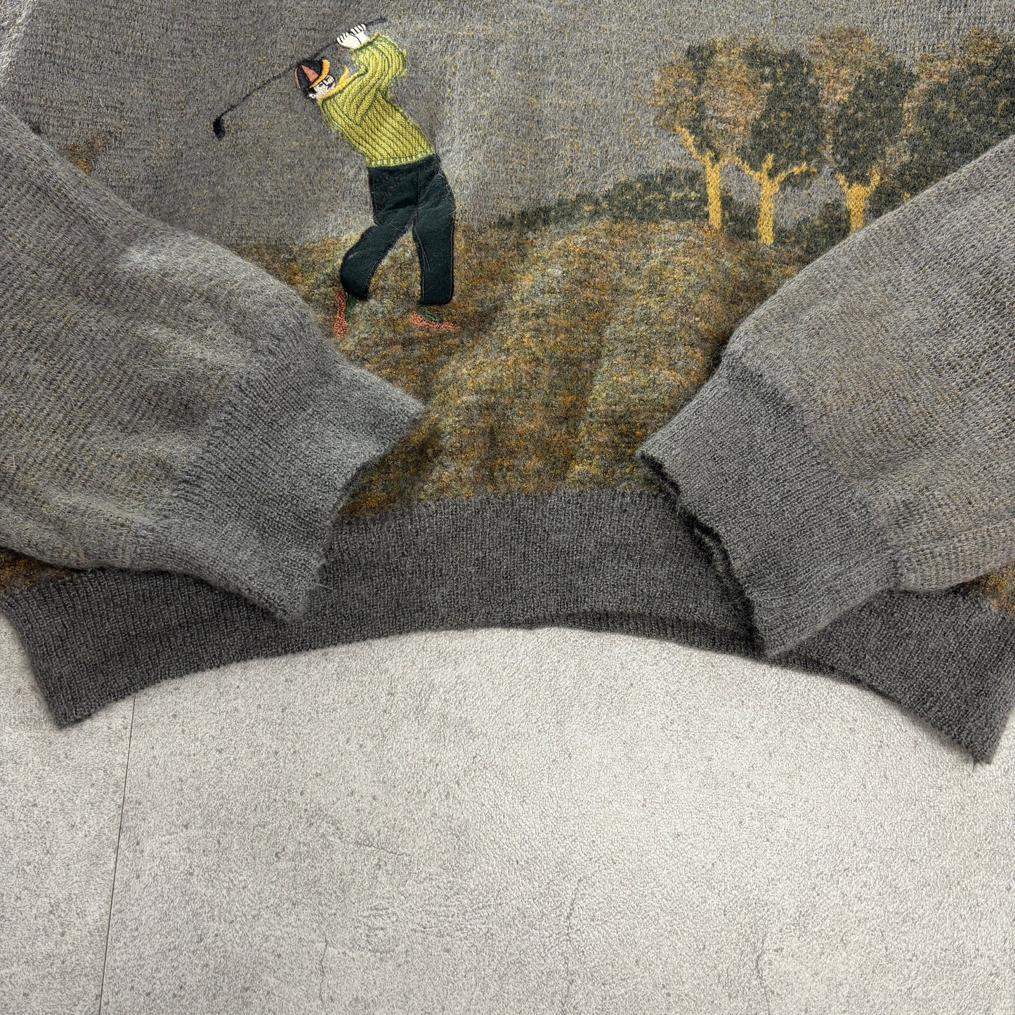LEPOUTRE TAILOR “Golf Scene” アートニット セーター グレー 80s–90s/ ベルギー ブリュッセルタグ ウール調 ジャカード ゴルフ柄 Vintage