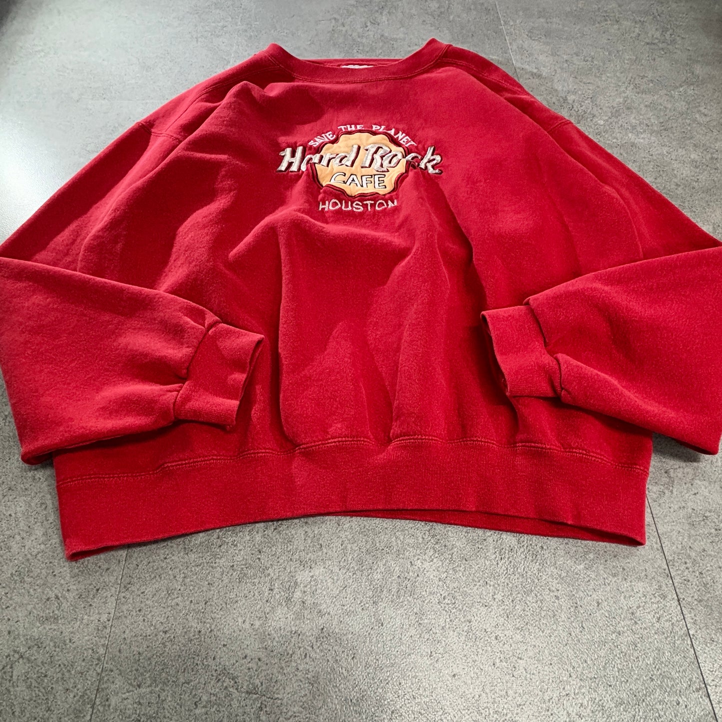 Hard Rock Cafe “HOUSTON” 90s USA製 刺繍スウェット 赤/レッド SAVE THE PLANET ラグラン風 L相当