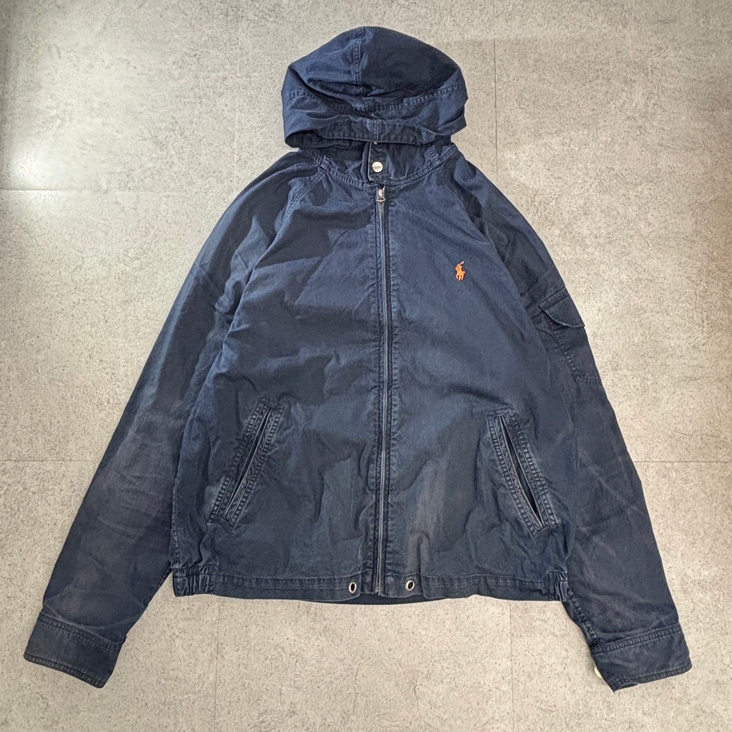 POLO RALPH LAUREN フーデッド ハリントン ジャケット L 紺 ポニー刺繍 TALONジップ コットンナイロン ベトナム製 2000s
