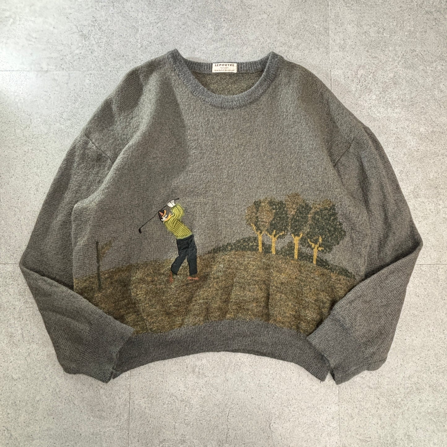 LEPOUTRE TAILOR “Golf Scene” アートニット セーター グレー 80s–90s/ ベルギー ブリュッセルタグ ウール調 ジャカード ゴルフ柄 Vintage