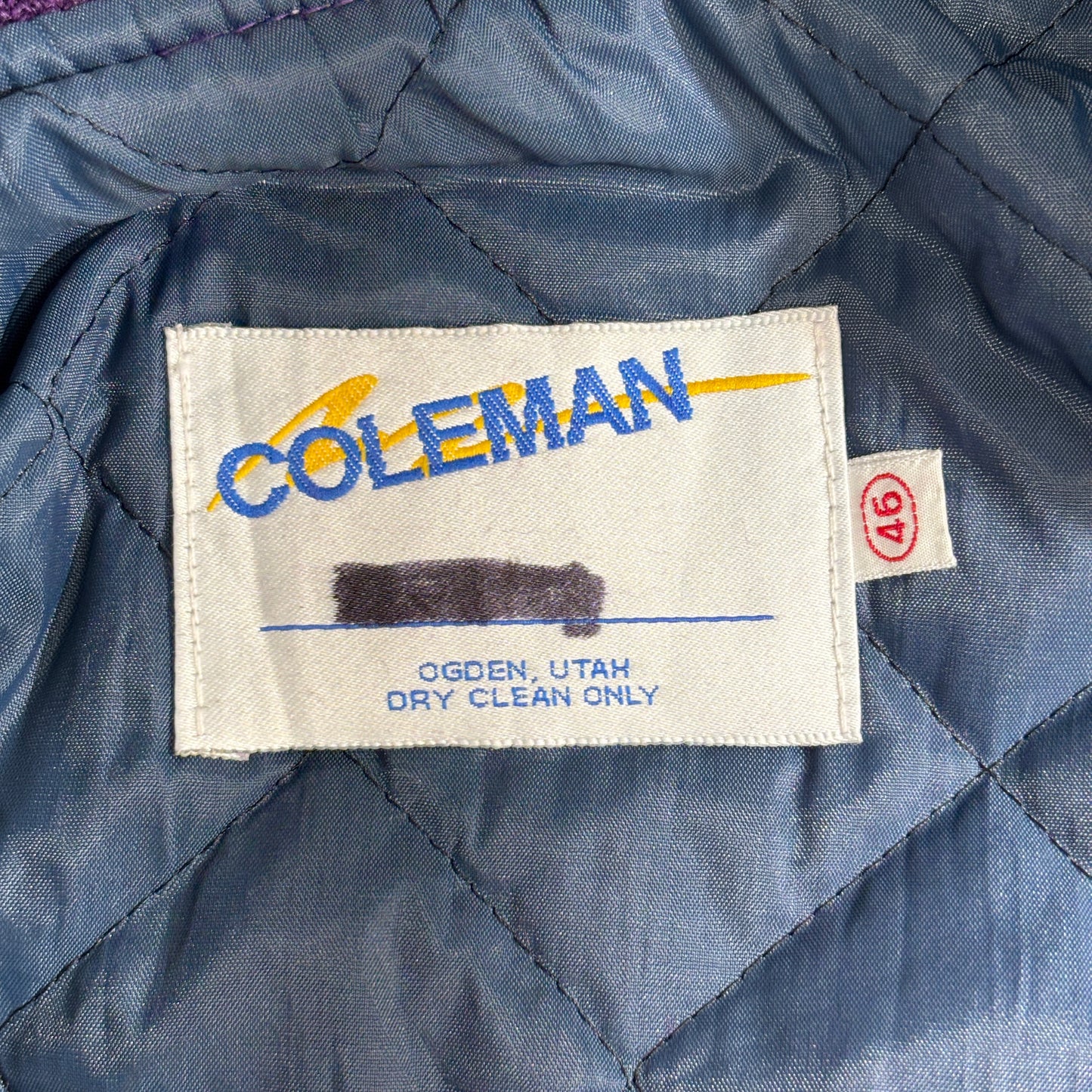 USA製 80s–90s COLEMAN レターマンジャケット 46|パープル×グレー 本革スリーブ|Wワッペン スタジャン