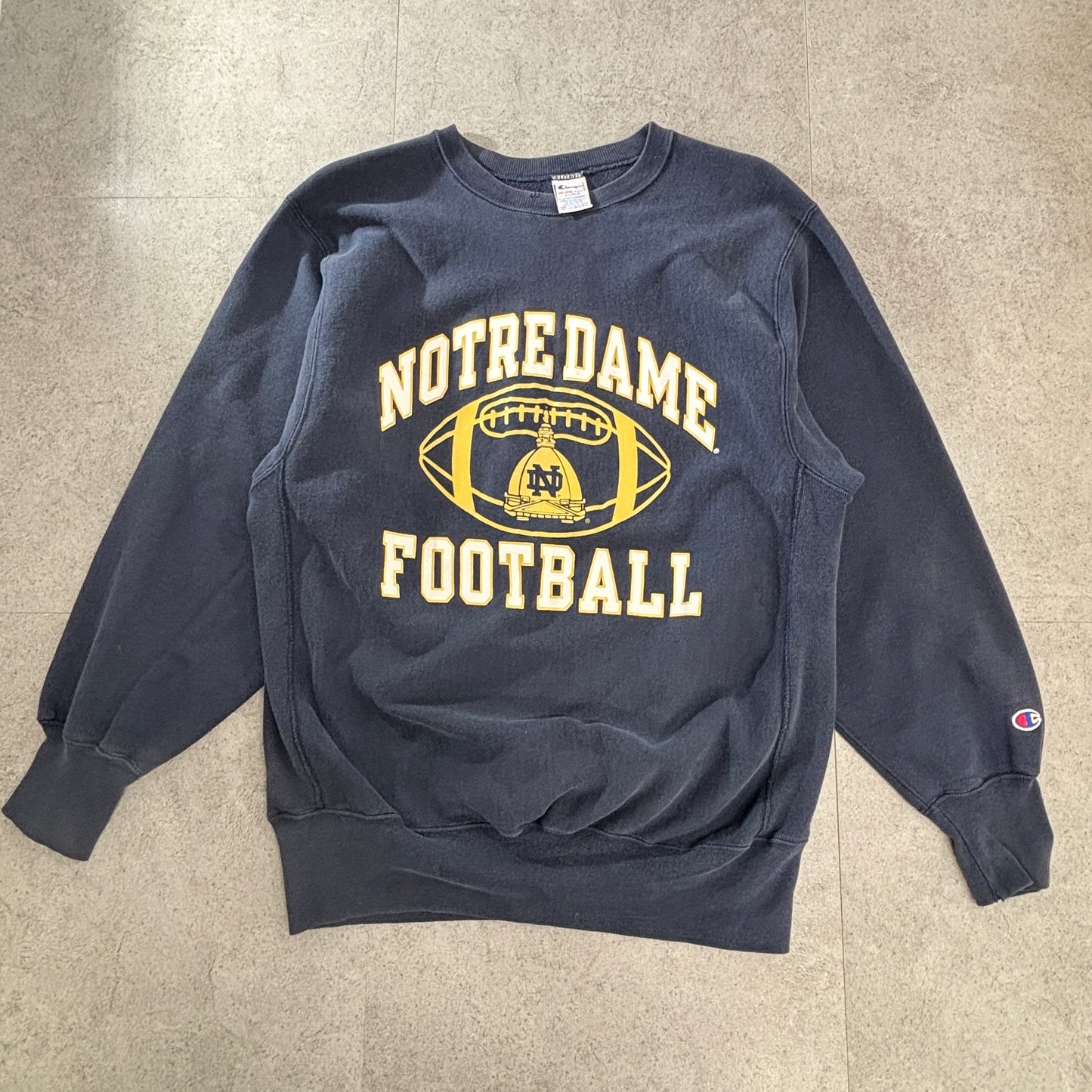 【90s USA製】Champion Reverse Weave スウェット XL 紺×イエロー ノートルダム大学 フットボール リバースウィーブ フェード