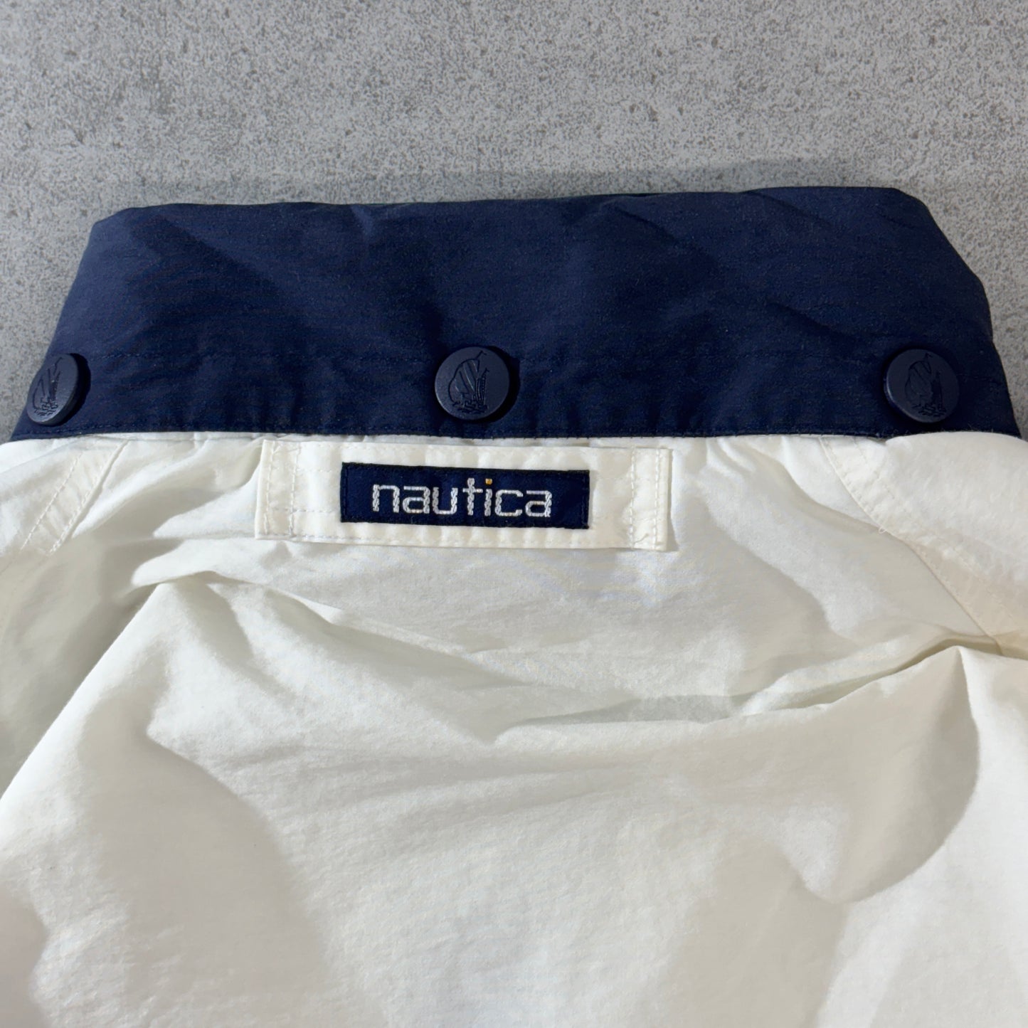 NAUTICA “NAUTICA CHALLENGE” J-CLASS スリーブロゴ コットンナイロン セーリングジャケット ホワイト×ネイビー L相当 90s〜00s