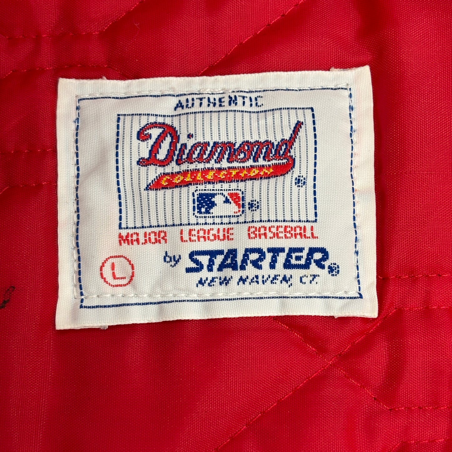 90s USA製 STARTER “MLB DIAMOND COLLECTION” ATLANTA BRAVES サテン スタジャン L ネイビー×レッド ビッグロゴ
