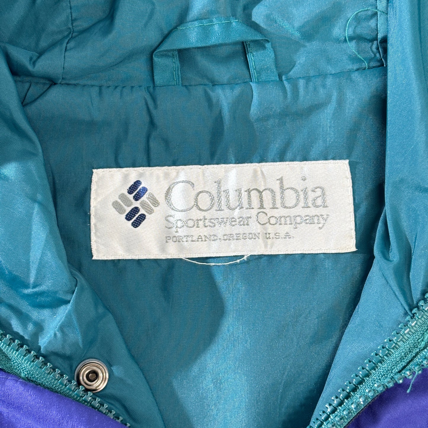 90s Columbia カラーブロック ナイロン フーデッドジャケット ティール×パープル 切替 アウトドア 古着