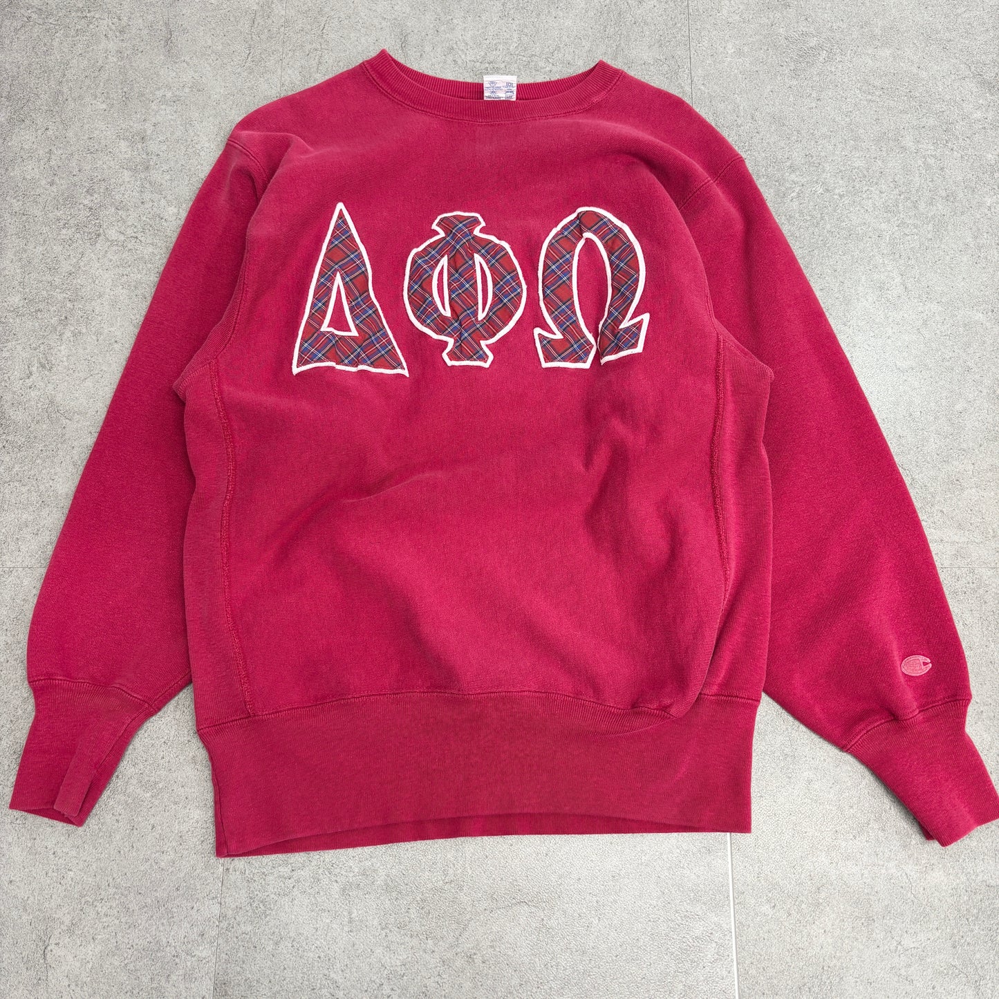 【USA製 90s】Champion リバースウィーブ スウェット XL ボルドー ΔΦΩ ギリシャ文字 タータンワッペン 刺繍ロゴ