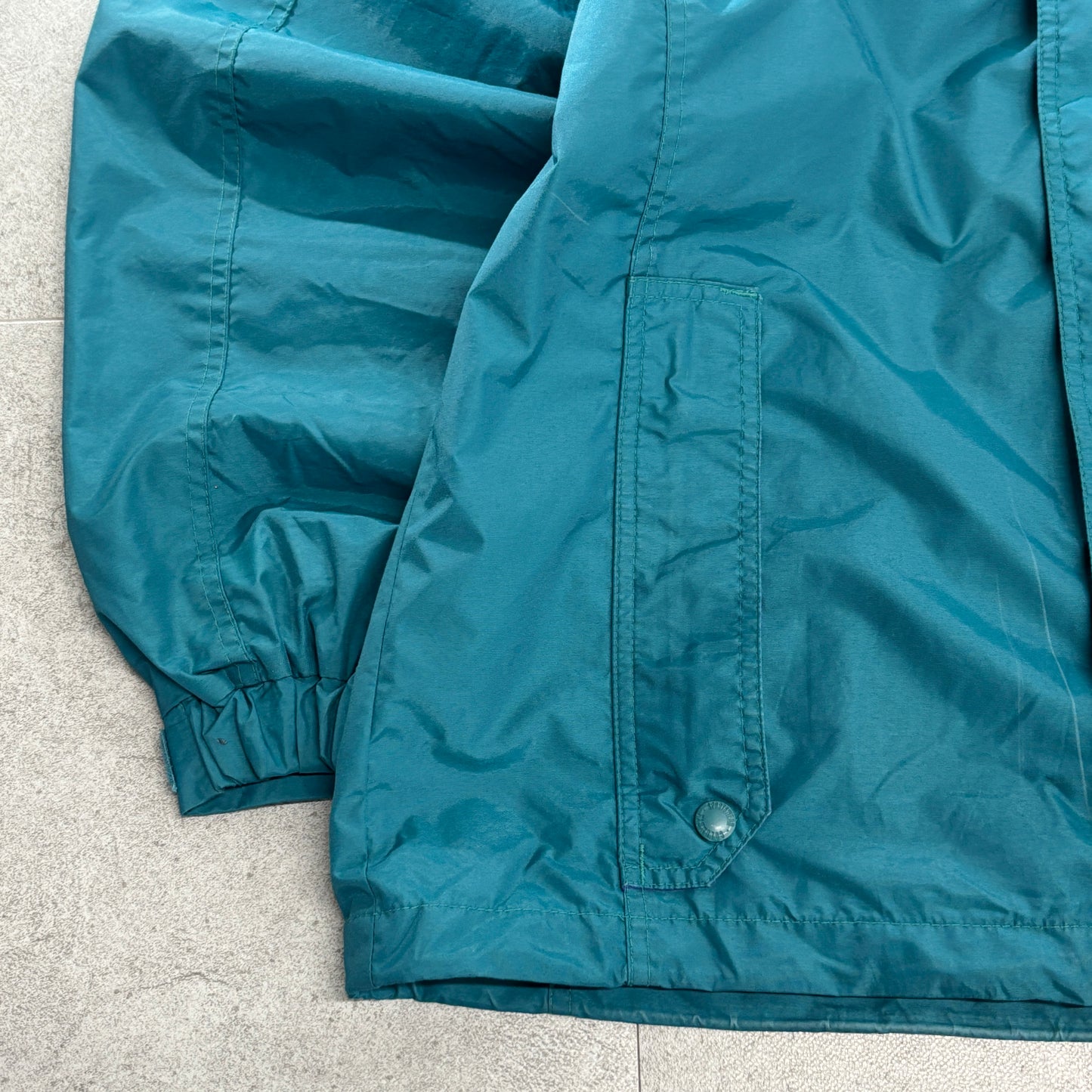 90s Columbia カラーブロック ナイロン フーデッドジャケット ティール×パープル 切替 アウトドア 古着