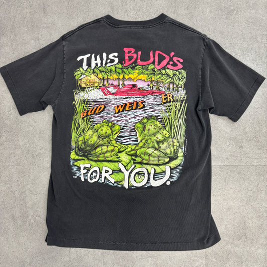 【1998年製】Budweiser バドワイザー 両面プリント Tシャツ|カエル×スピードボート 黒 USA製 SOF TEE L