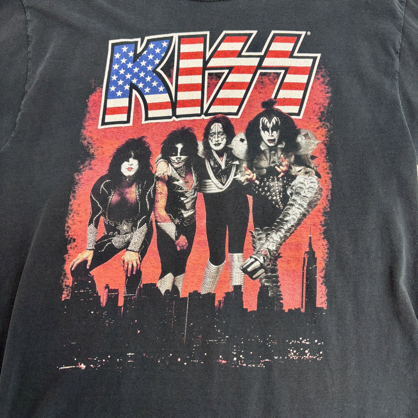 KISS バンドTシャツ 2005年製 アメリカ国旗ロゴ×メンバー集合プリント JERZEES XL ブラック ロックT