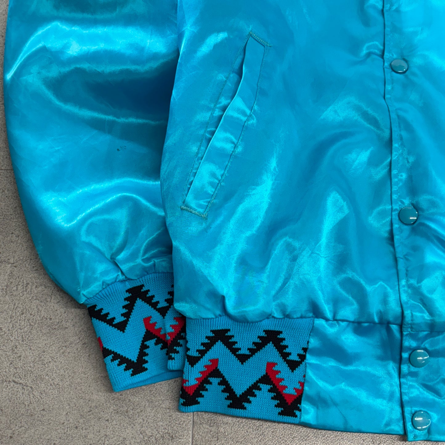 90s USA製 Westark “Blackfeet Reservation” サテンスタジャン ターコイズ×トライバルリブ M ビンテージ/ヴィンテージ ナイロン 中綿キルティング