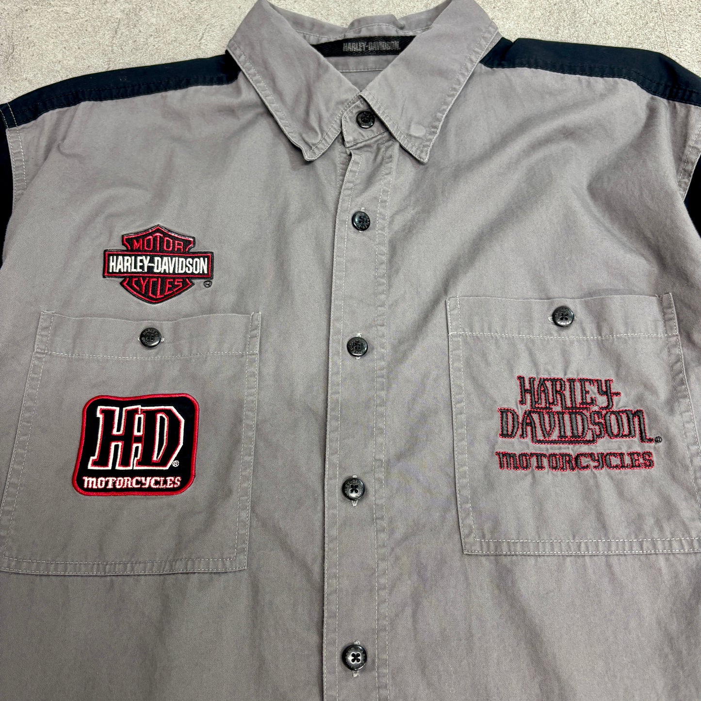 Harley-Davidson 刺繍ロゴ 半袖ワークシャツ XL グレー×ブラック バイカースタイル アメリカンレジェンド
