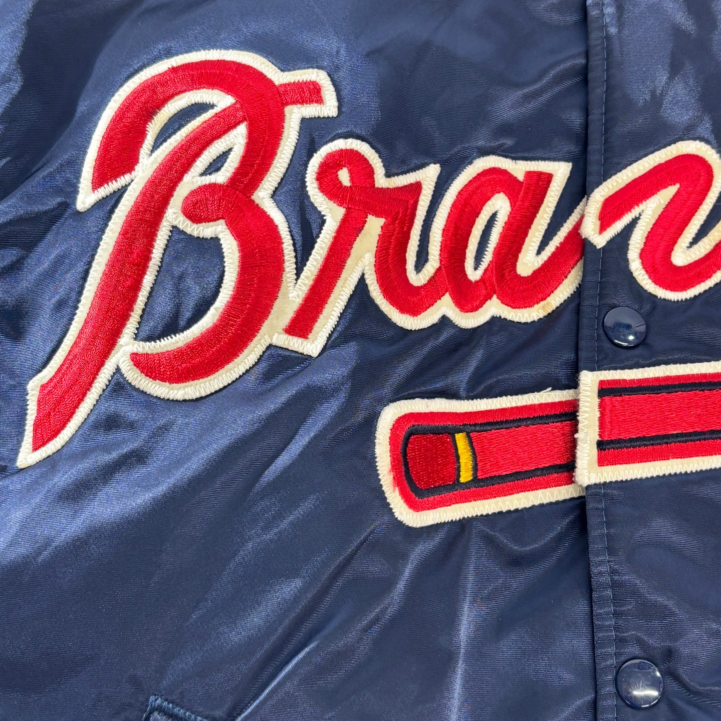 90s USA製 STARTER “MLB DIAMOND COLLECTION” ATLANTA BRAVES サテン スタジャン L ネイビー×レッド ビッグロゴ