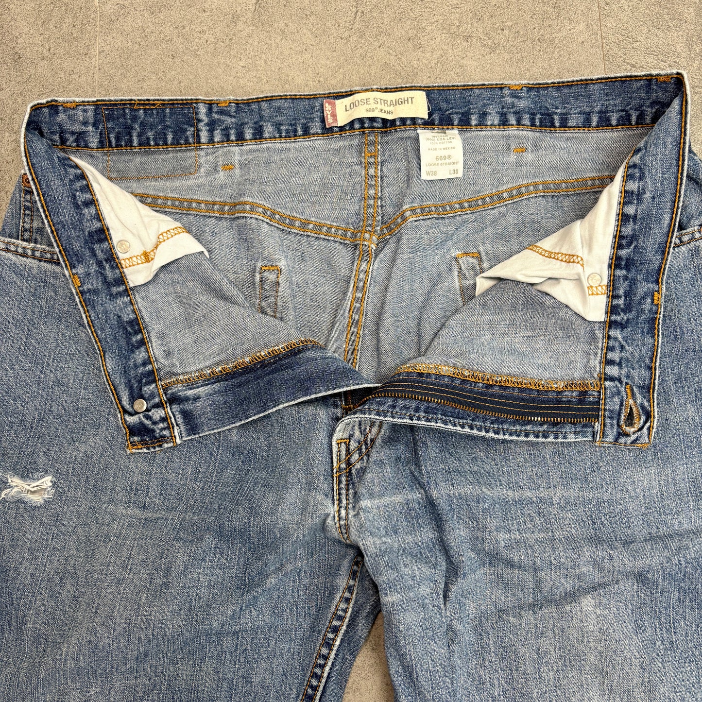 Levi’s 569® Loose Straight デニム W38 L30 ライトインディゴ レッドタブ 色落ち/裾スレ/小リペア 00s ジップフライ