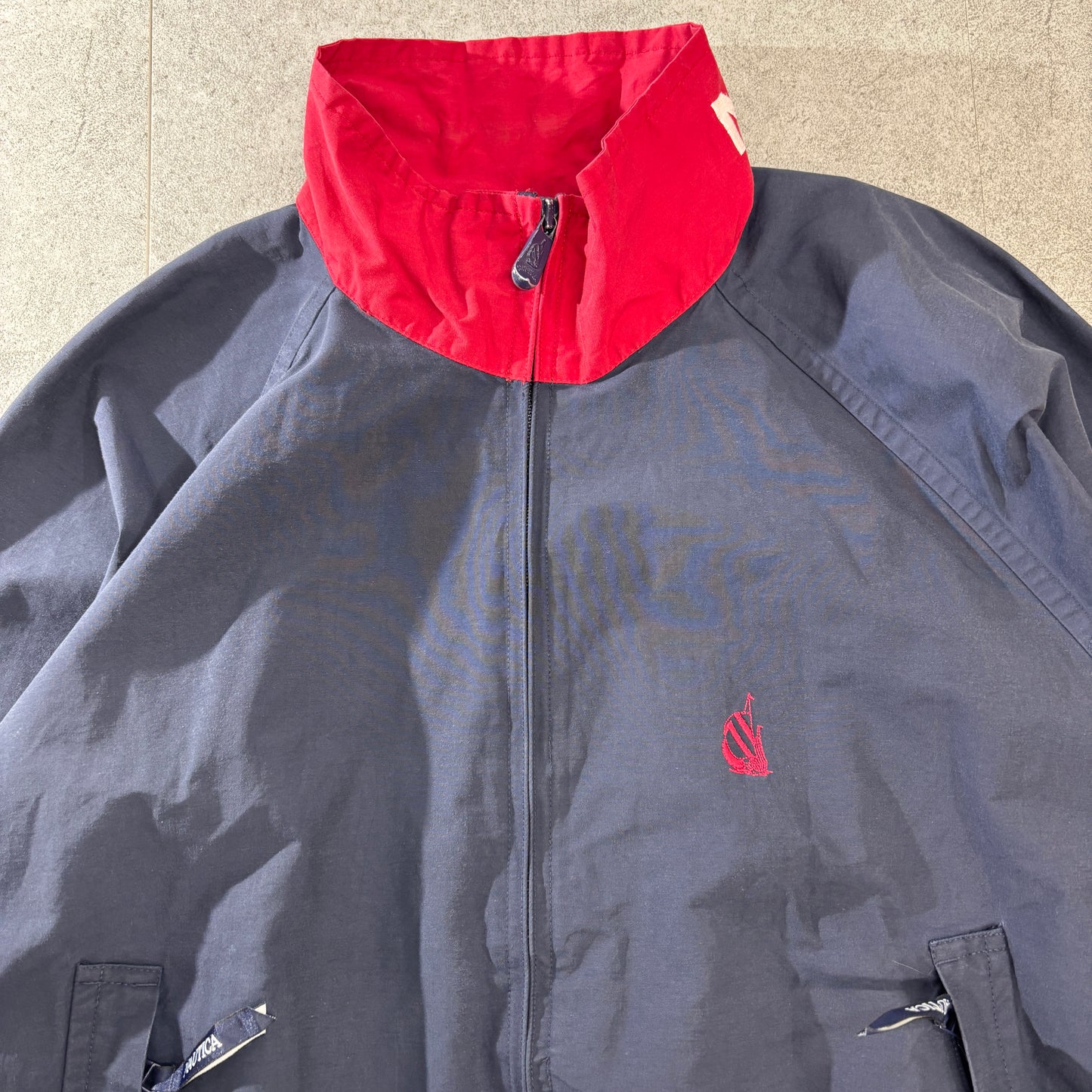 NAUTICA ビッグフラッグ 背面ワッペン セーリングジャケット L ネイビー×レッド 90s~00s フィリピン製 メッシュライナー