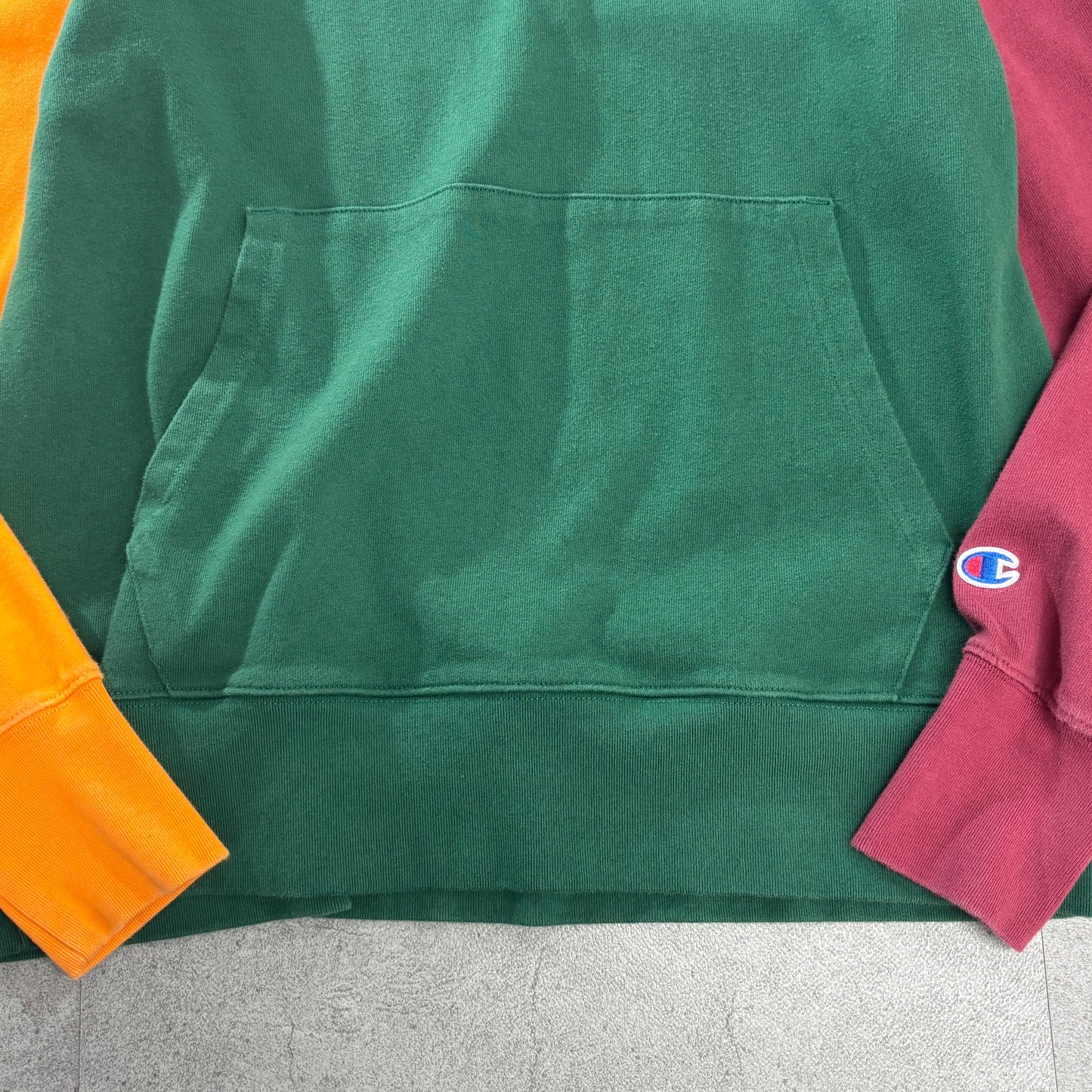 Champion ラガーシャツ風 スウェット プルオーバー M/カラーブロック(グリーン×オレンジ×バーガンディ)白襟 刺繍ロゴ カンガルーポケット