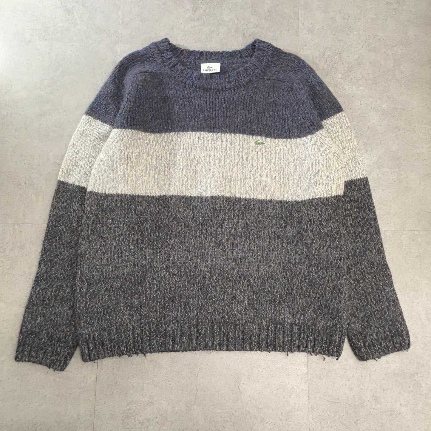 90s LACOSTE ウール ボーダー クルーネックニット/ネイビー×グレー×オフホワイト/ワニロゴ