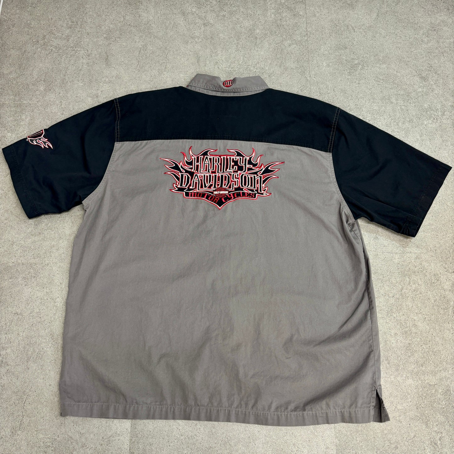Harley-Davidson 刺繍ロゴ 半袖ワークシャツ XL グレー×ブラック バイカースタイル アメリカンレジェンド