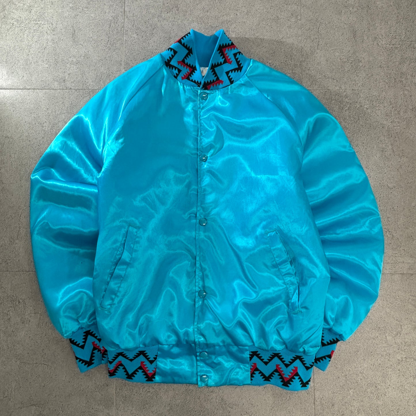90s USA製 Westark “Blackfeet Reservation” サテンスタジャン ターコイズ×トライバルリブ M ビンテージ/ヴィンテージ ナイロン 中綿キルティング