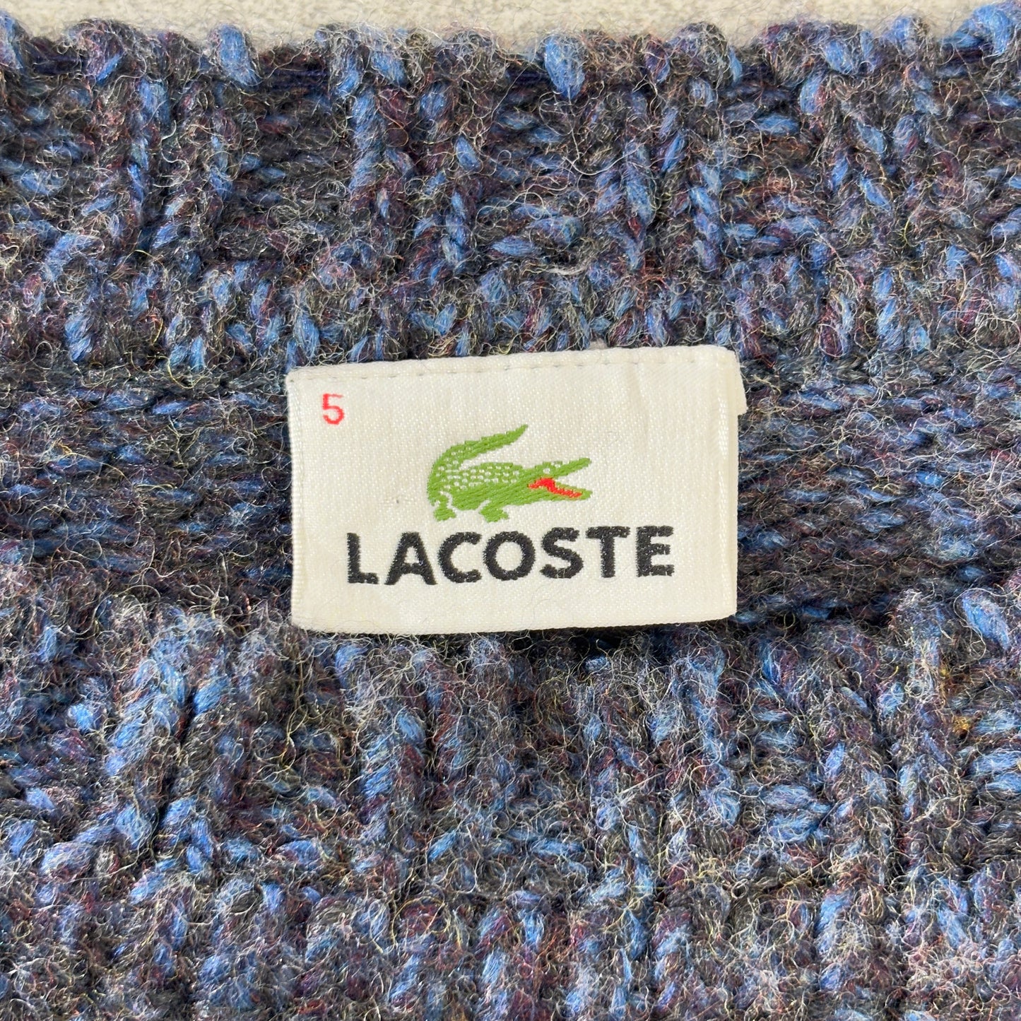 90s LACOSTE ウール ボーダー クルーネックニット/ネイビー×グレー×オフホワイト/ワニロゴ