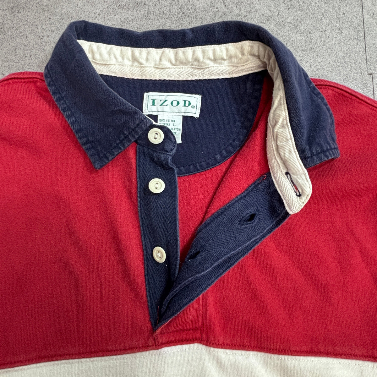 【90s IZOD アイゾッド 長袖ラガーシャツ】マルチボーダー 刺繍ロゴ L 100%コットン マレーシア製 古着/9-2