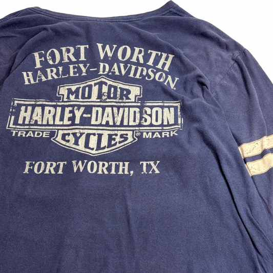 【HARLEY-DAVIDSON “American Legend” ロングスリーブTシャツ】FORT WORTH TEXAS ネイビー 両面・袖プリント 2014/8-46