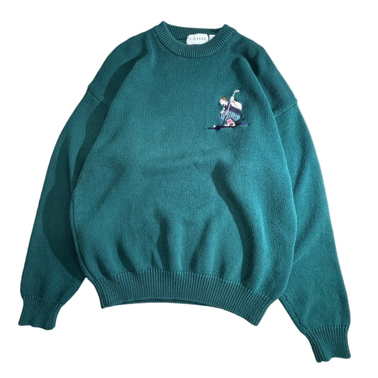 IZOD アイゾッド コットンニットセーター XL グリーン ゴルファー刺繍 ワンポイント 100%コットン クルーネック/2-66