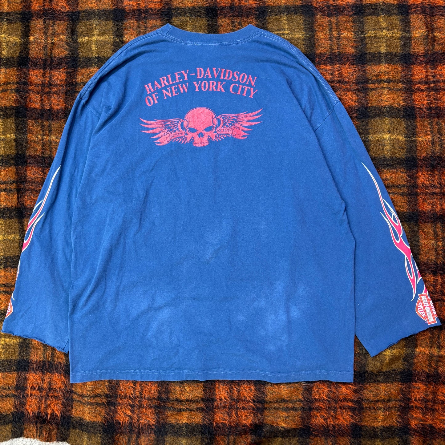 90s Harley-Davidson ロングスリーブTシャツ 3XL NYC スカル×ファイヤーパターン 青 ブルー