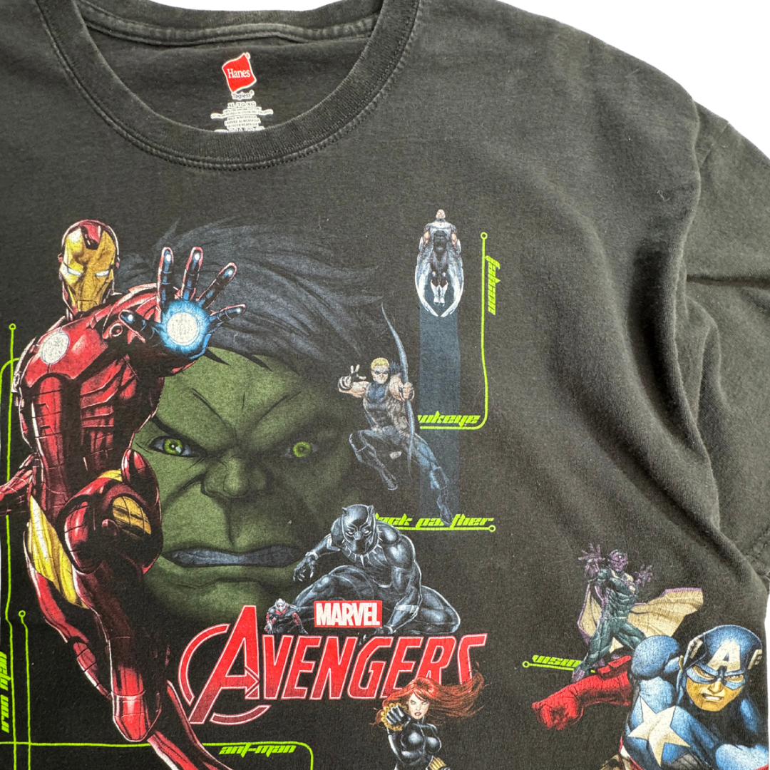 【MARVEL Avengers プリントTシャツ】アベンジャーズ キャラクター集合 Hanes XL ブラック 古着/8-61
