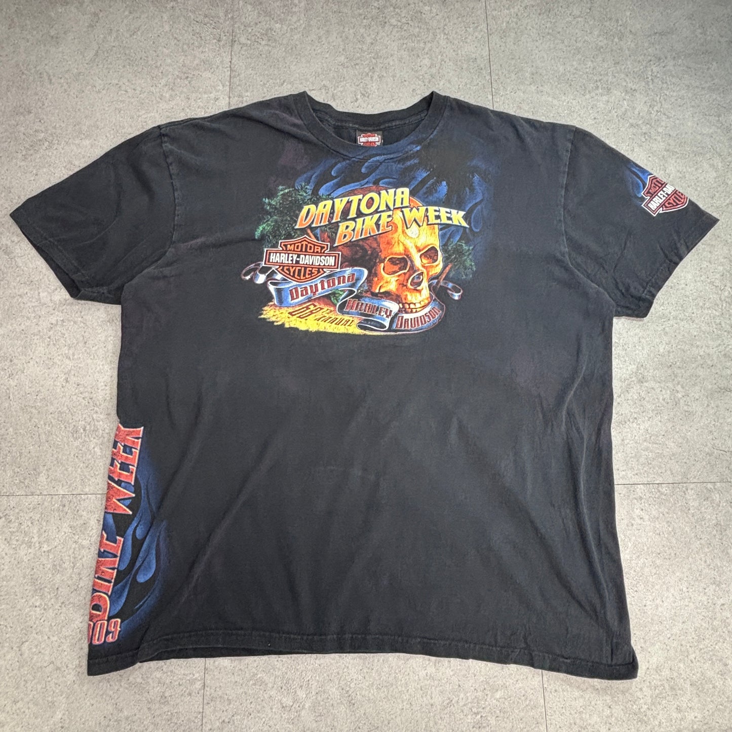 【Harley-Davidson Daytona Bike Week 2009 プリントTシャツ】Daytona Beach FL スカル 両面 袖プリント 古着/8-16