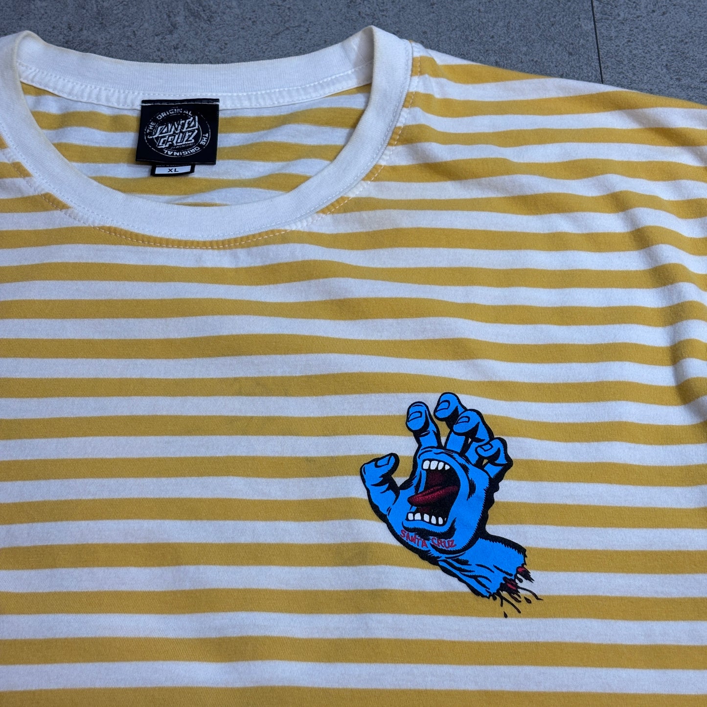 【SANTA CRUZ Screaming Hand ボーダーTシャツ XL イエロー×ホワイト】7-105