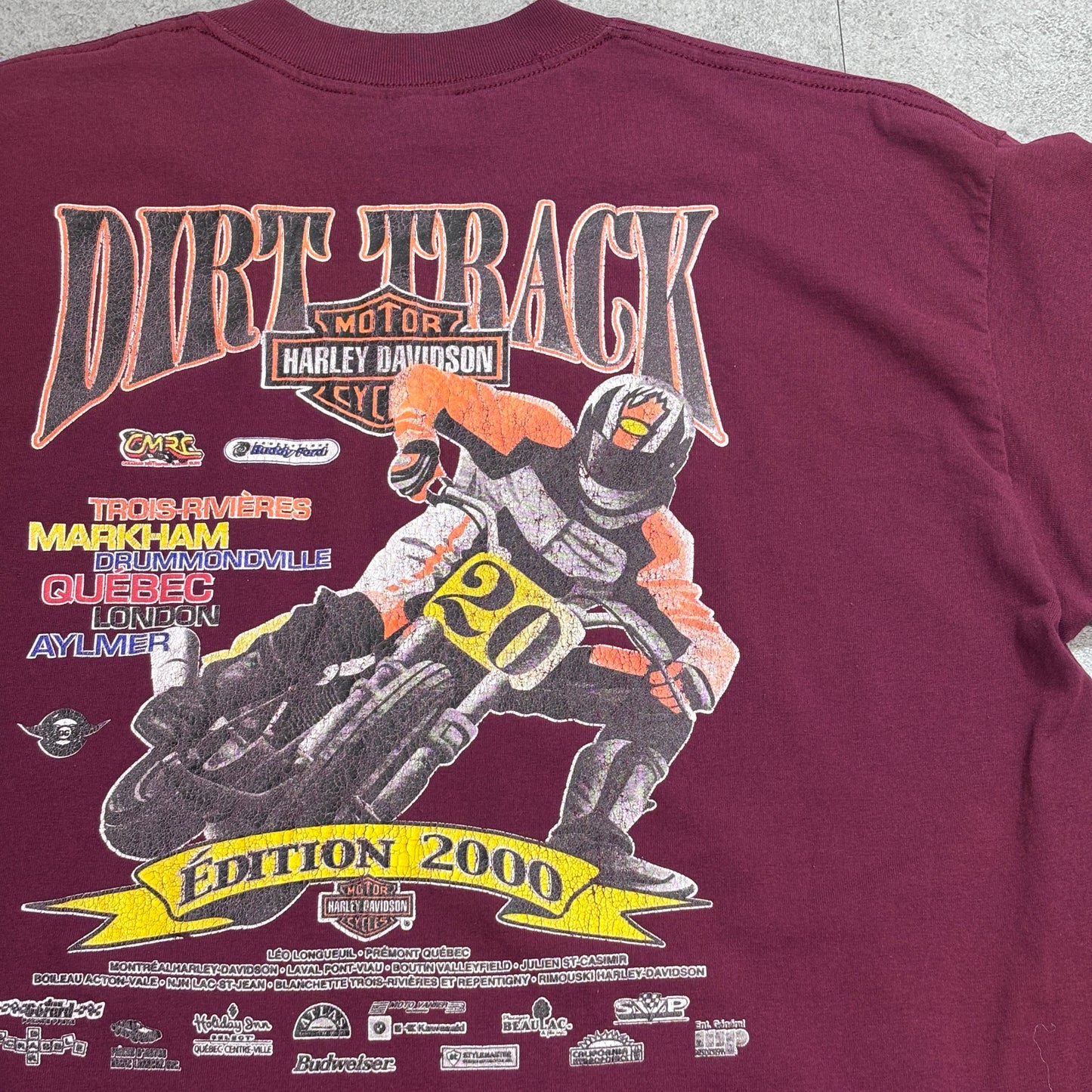 【Harley-Davidson Dirt Track Edition 2000 プリントTシャツ】ハーレーダビッドソン モーターサイクル バーガンディ 古着/8-3