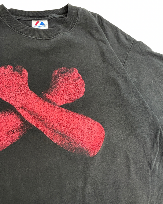 【BLACKSHIRTS 3 and OUT プリントTシャツ】Majestic ブラック スポーツT アメフト系 古着/5-6