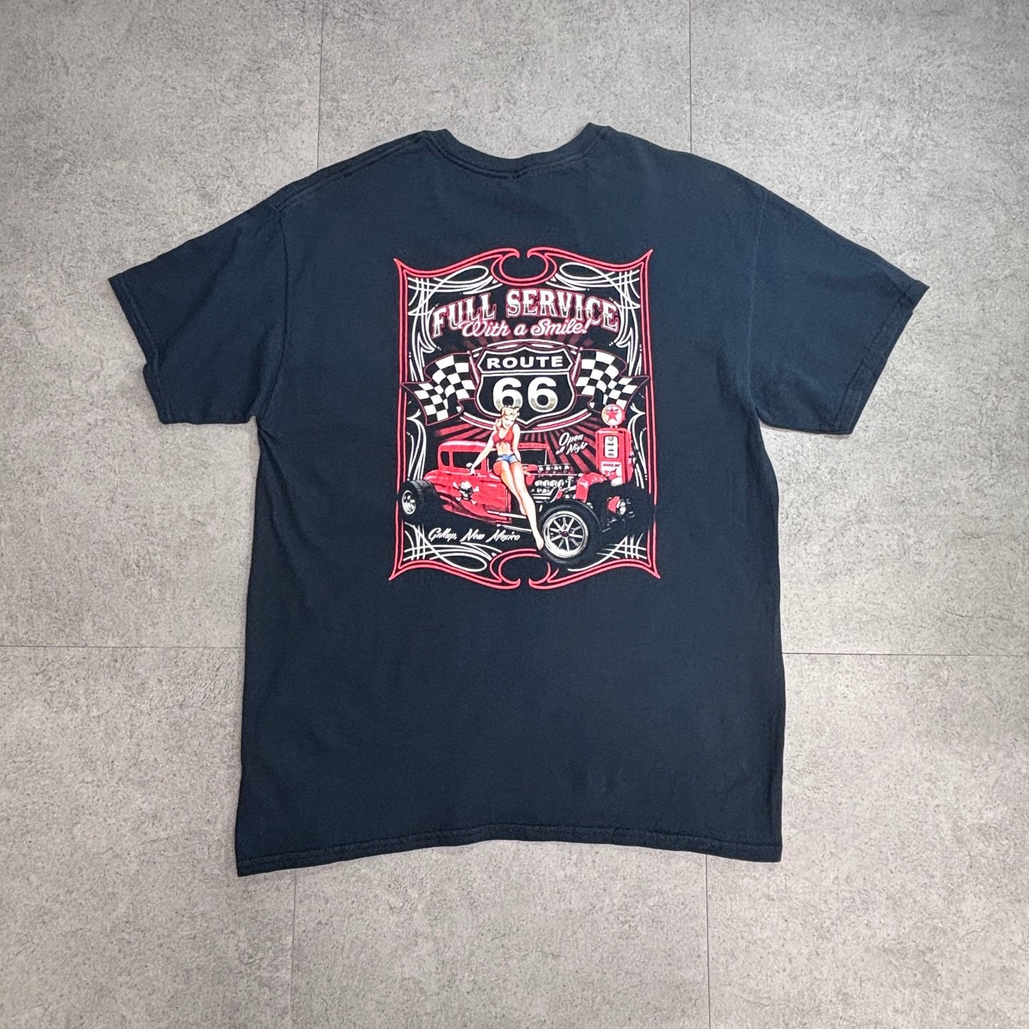 Route 66 ピンナップガール ホットロッド 両面プリントTシャツ ブラック L/7-52