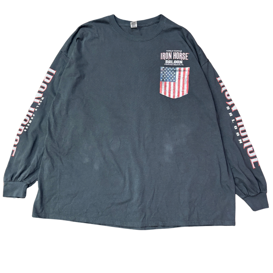 【2020年製】IRON HORSE SALOON ロンT｜バイカーロングスリーブTシャツ アメリカ製風プリント USA国旗ポケット付き