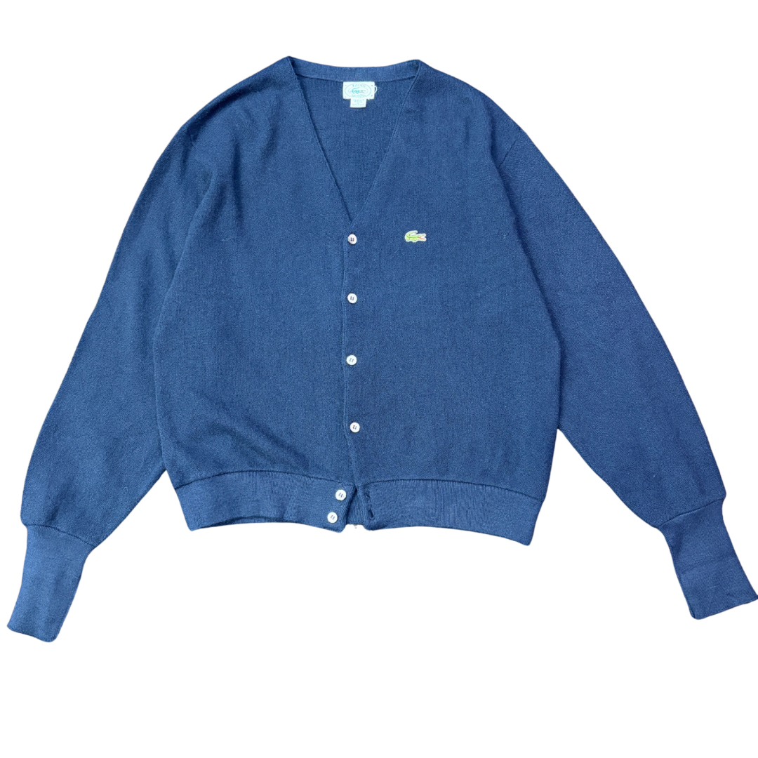 【USA製】IZOD LACOSTE アクリルニットカーディガン｜ヴィンテージ ラコステ ワニロゴ 刺繍ネイビー Lサイズ