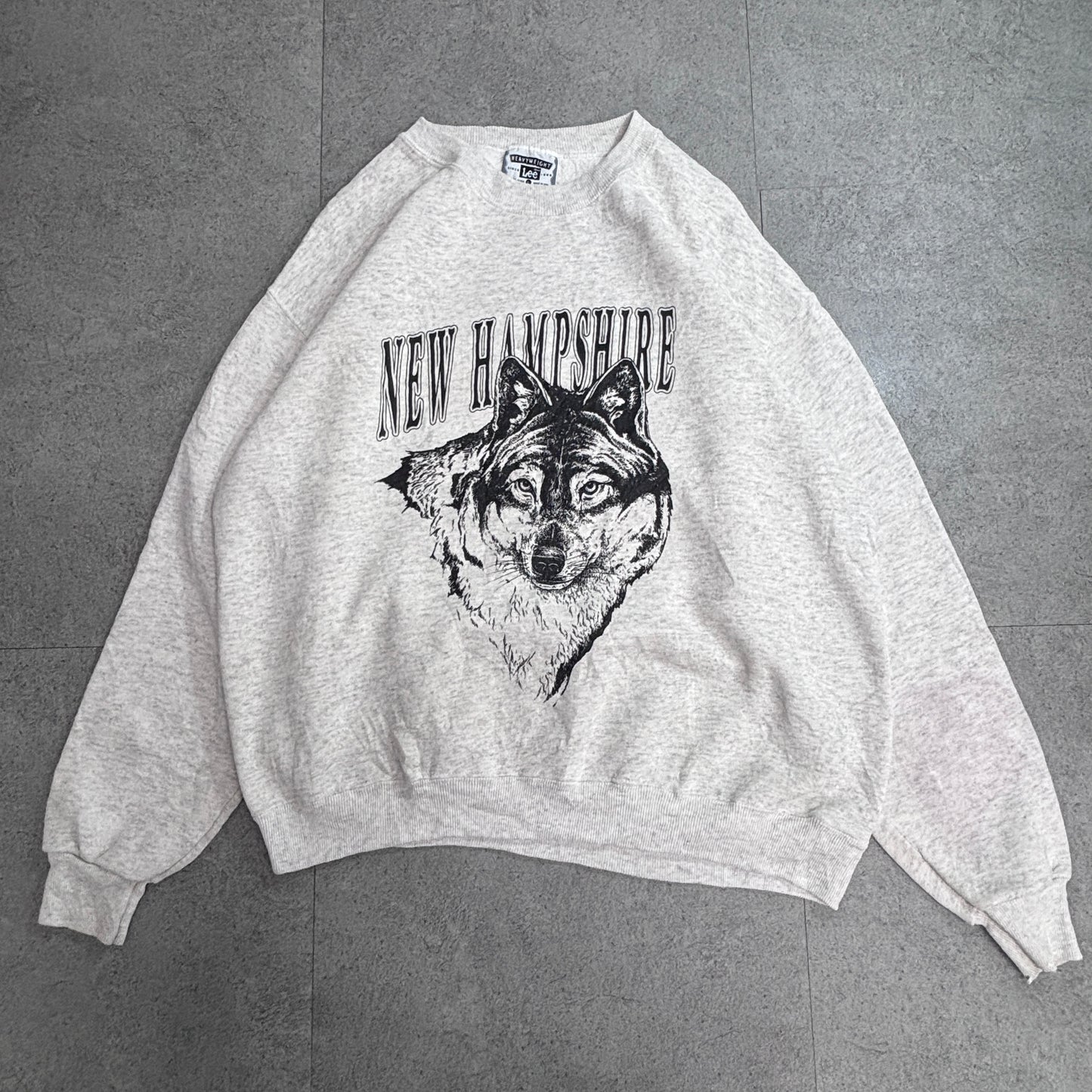 90s USA製 Lee HEAVYWEIGHT NEW HAMPSHIRE オオカミ アニマルプリント スウェット L 杢グレー/3-23