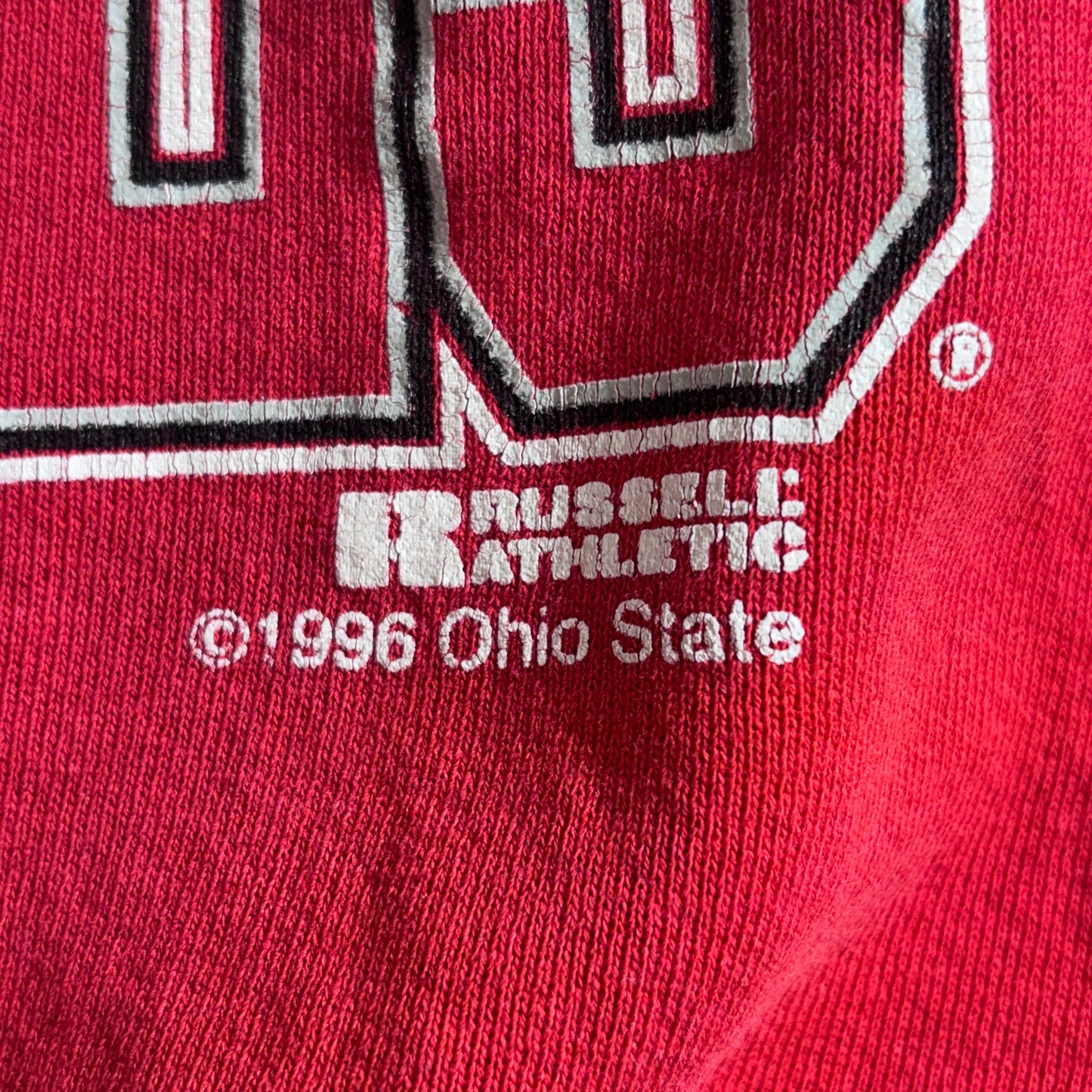 90s USA製 RUSSELL ATHLETIC OHIO STATE BUCKEYES スウェット M レッド 1996年製 オハイオ州立大学 ラッセル アスレチック カレッジロゴ/2-57