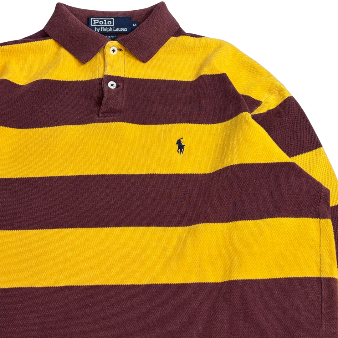 【Polo by Ralph Lauren ボーダー 長袖ラガーシャツ】USA製 M イエロー×バーガンディ ポニー刺繍 古着/8-55