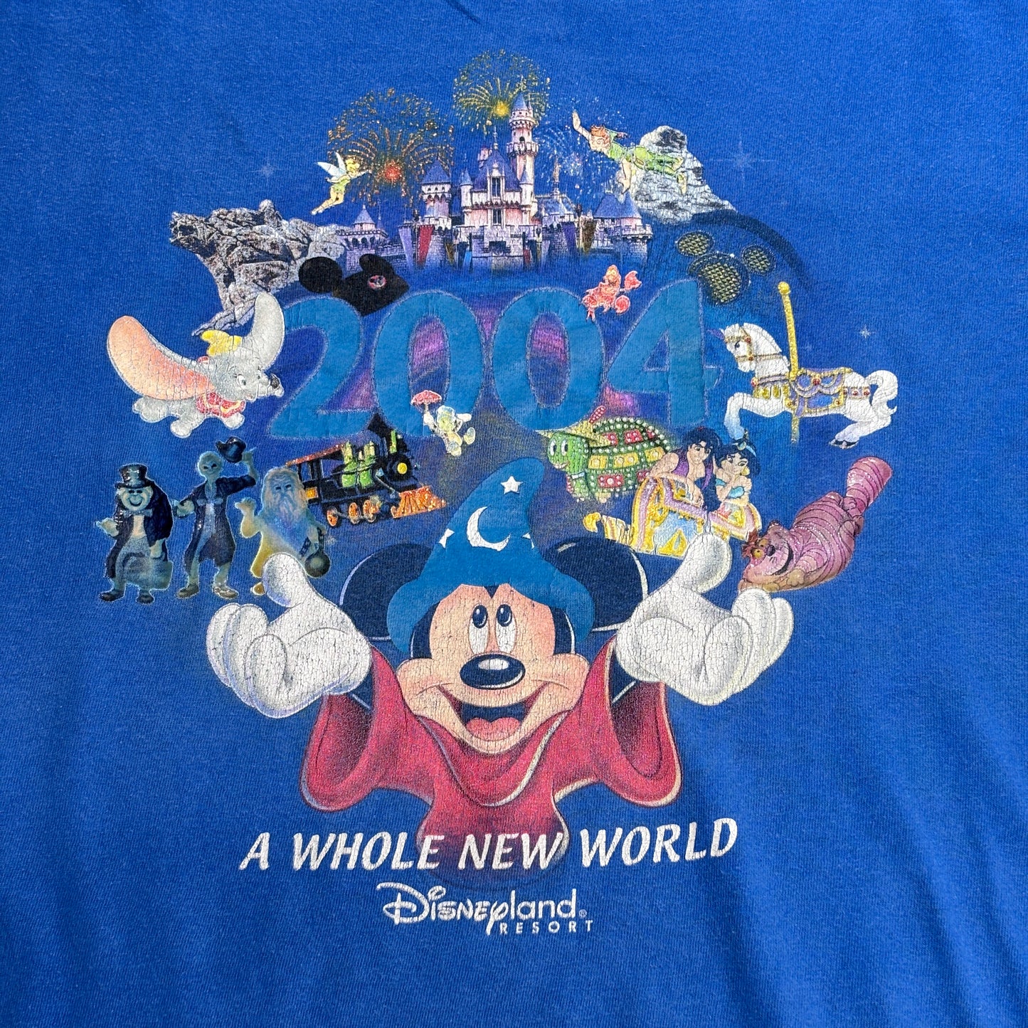 【Disneyland Resort 2004 ミッキー プリントTシャツ】ディズニーランド 2004 A WHOLE NEW WORLD 半袖 Tシャツ ブルー ディズニー 古着/7-87