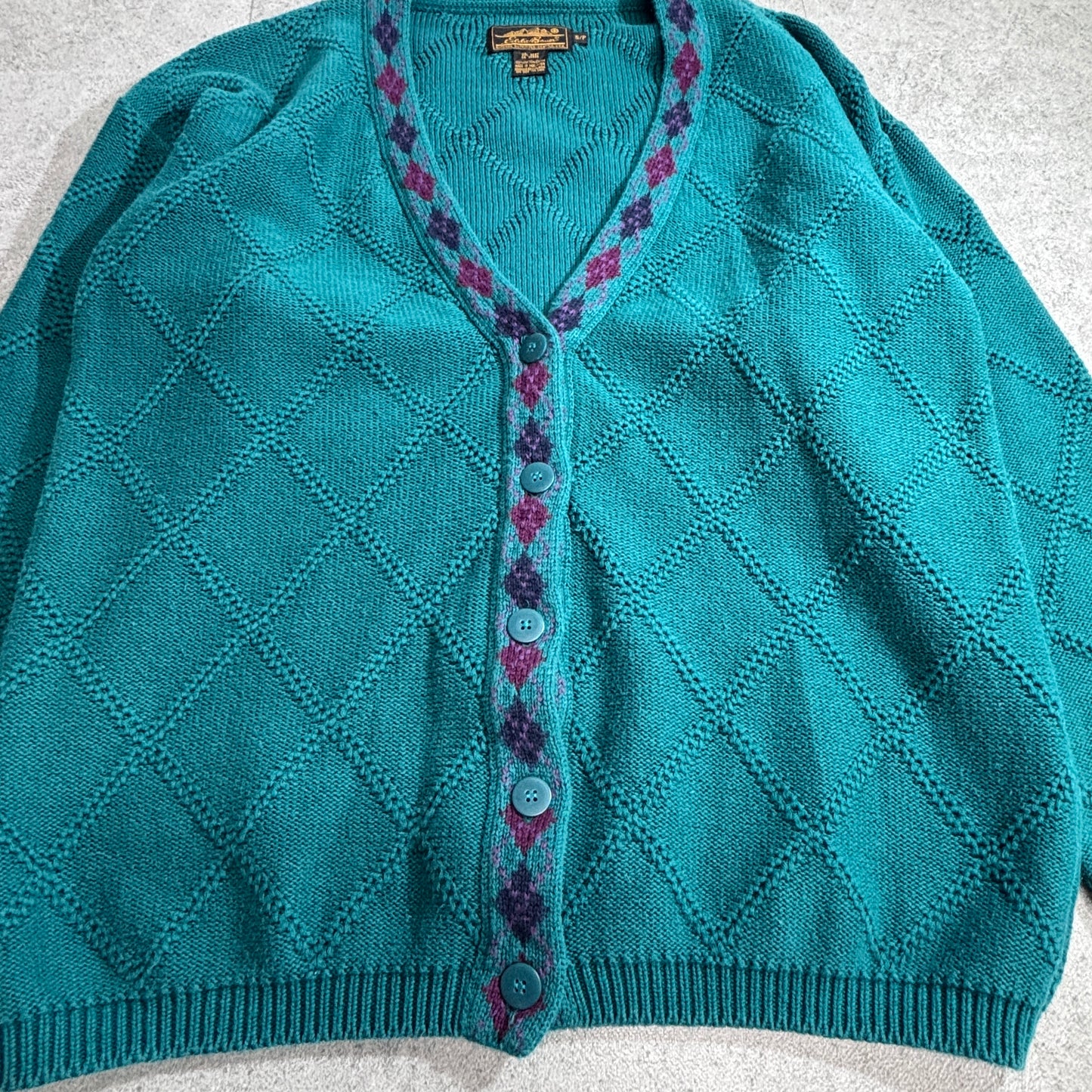 Eddie Bauer 80s〜90s コットンニットカーディガン / ターコイズブルー / ダイヤ柄 / Sサイズ1-13
