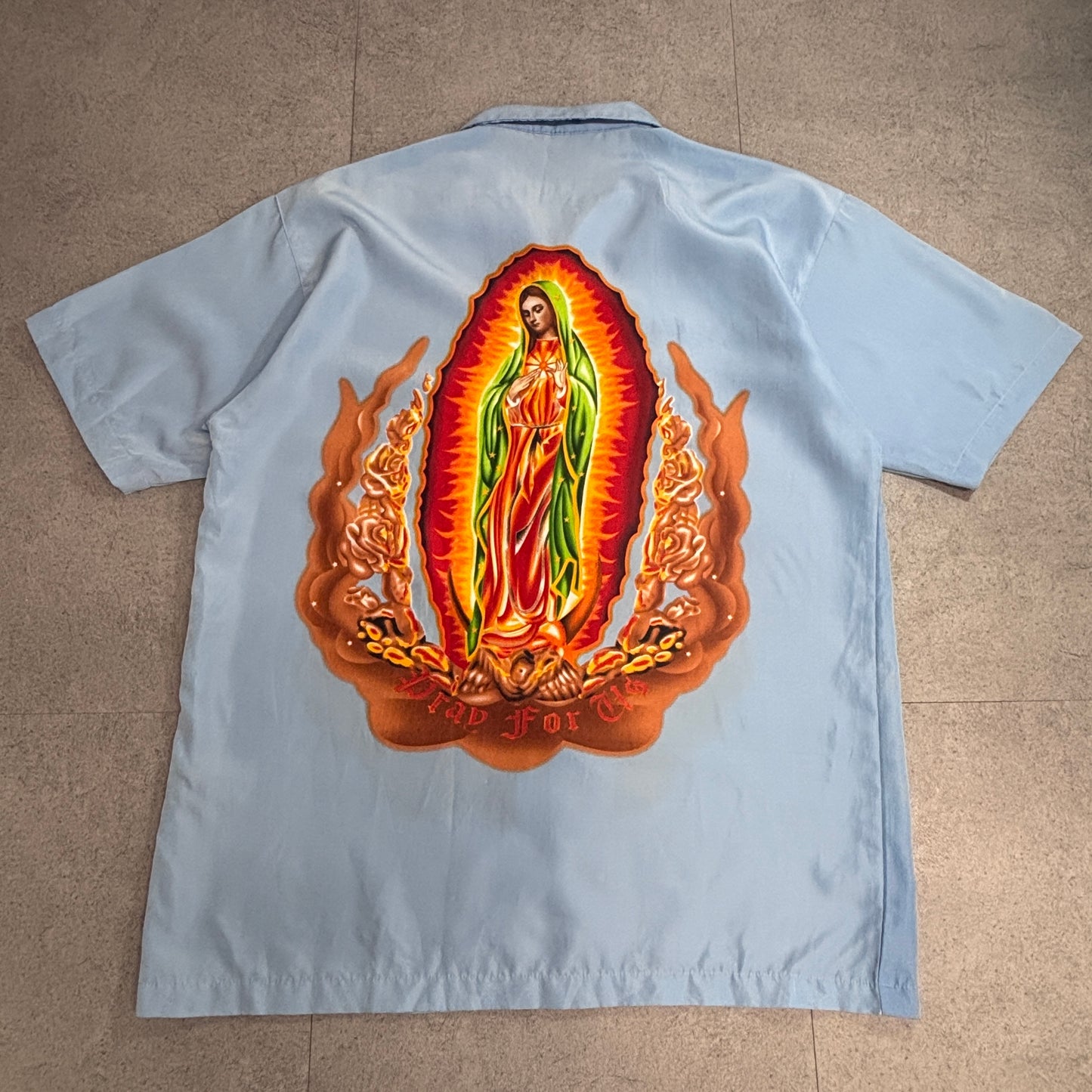 【Our Lady of Guadalupe 半袖シャツ】聖母グアダルーペ マリア 総柄 両面プリント RENEGADE オープンカラー メキシカン チカーノ 古着/8-34