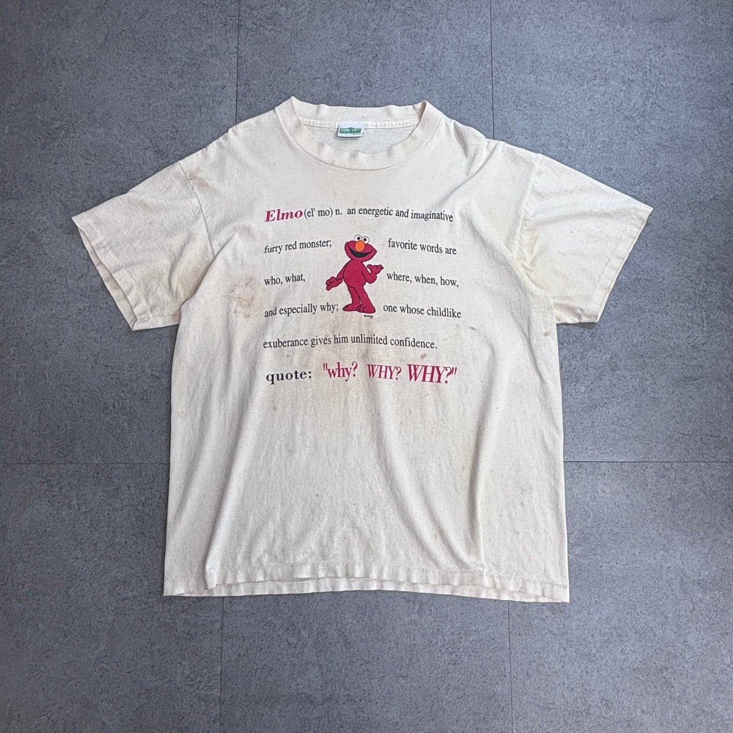【Sesame Street Elmo プリントTシャツ】エルモ キャラクターT 生成り セサミストリート 古着/5-5