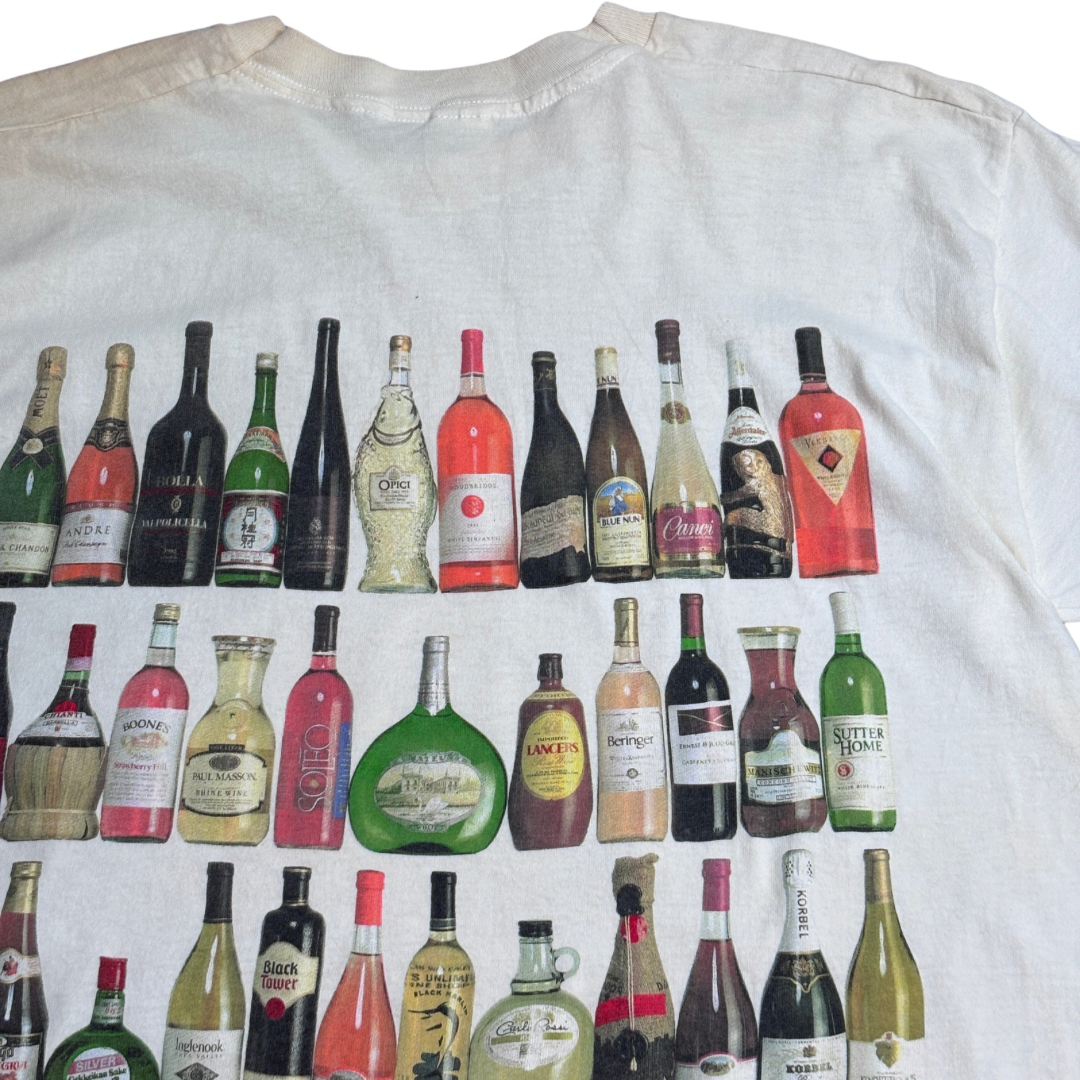 【90s GREAT IMPRESSIONS ワインボトル 総柄Tシャツ】ホワイト USA製 FRUIT OF THE LOOM XL 1994年コピーライト/8-48