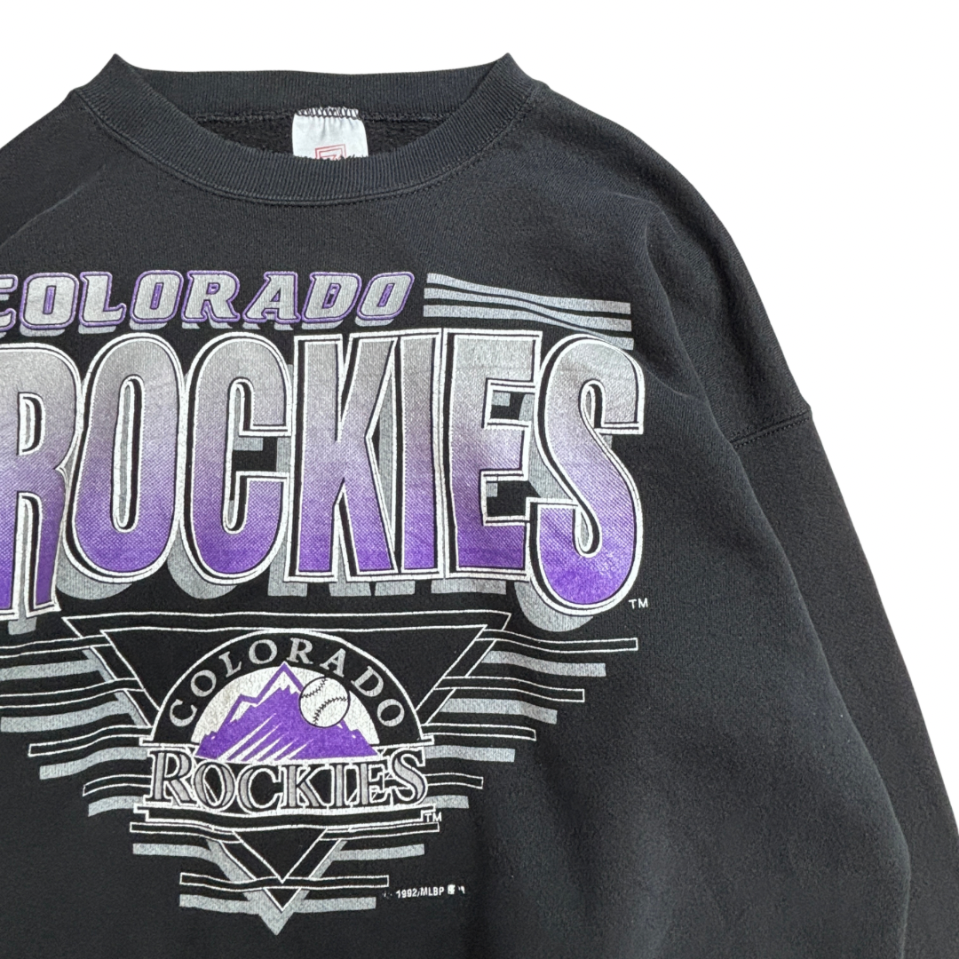 【90s COLORADO ROCKIES MLB スウェット】コロラド・ロッキーズ 1992 コピーライト LOGO 7 ブラック XL USA古着/9-6