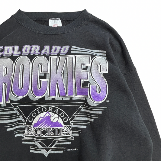 【90s COLORADO ROCKIES MLB スウェット】コロラド・ロッキーズ 1992 コピーライト LOGO 7 ブラック XL USA古着/9-6