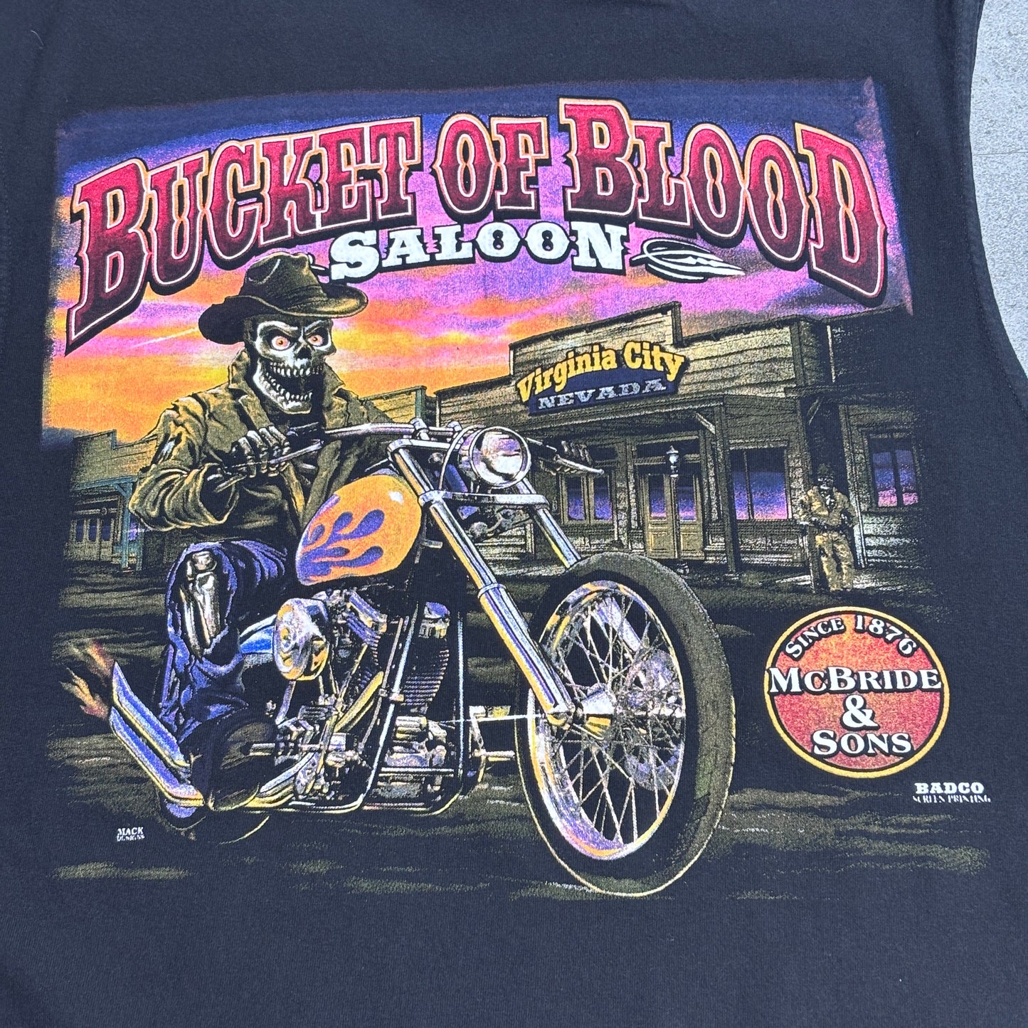 【BUCKET OF BLOOD SALOON バックプリント ノースリーブTシャツ】McBride & Sons スカル バイカー ALSTYLE 2XL ブラック メキシコ製 古着/7-88